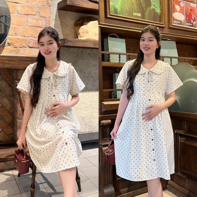 Đầm bầu chấm bi cổ sen phối nút dáng suông cho mẹ mang bầu và sau sinh Váy Bầu Dễ Thương