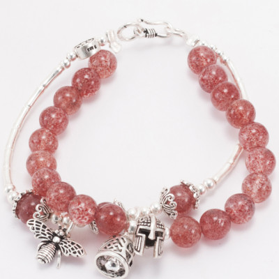 Vòng 2 Line Thạch Anh Dâu Phối Charm Ong Bạc (6mm)