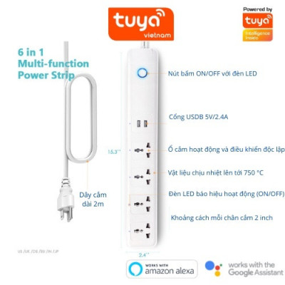 Ổ Cắm Dài Thông Minh Wifi TUYA 4 Chấu & 2 cổng USB, điều khiển độc lập app Tuya Smart Life, Hẹn giờ Bật Tắt