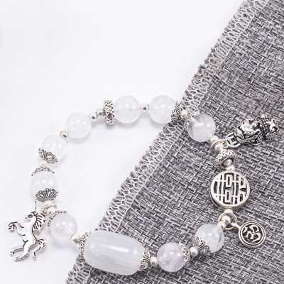 Vòng Tay Phong Thủy Nữ Đá Thạch Anh Ưu Linh Trắng Phối Charm Kỳ Lân Bạc (8mm) Mệnh Kim, Thủy Ngọc Quý Gemstones