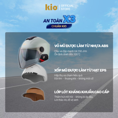 Mũ Bảo Hiểm Nửa Đầu Kio SafeStyle Metro KN12K, 2 Kính Phủ Nano Chống Tia UV, Lớp Lót Kháng Khuẩn