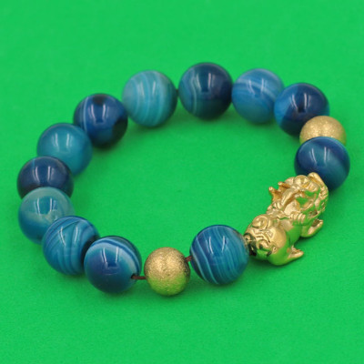 Vòng đeo tay Thạch Anh Xanh Biển Sọc 12 ly - cẩn Tỳ Hưu Phong Thủy inox vàng VTAXBSTHHBV12 - hợp mệnh Mộc, mệnh Thủy