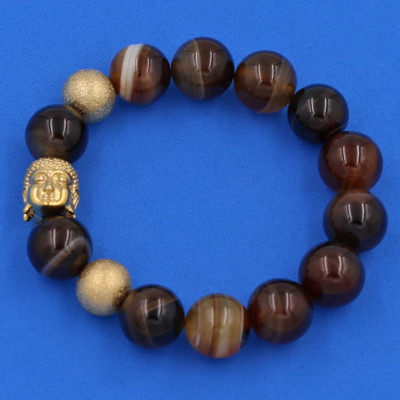 Vòng tay chuỗi hạt Mã Não Nâu Sọc 14 ly - Vòng tay Phật A Di Đà inox vàng VMNNSNLVHB14 - hợp mệnh Kim, mệnh Thổ - Vòng đeo tay size lớn