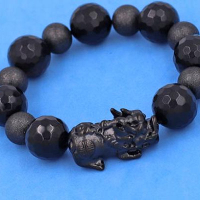 Chuỗi tay Thạch Anh Đen Cắt Giác 16 ly phối 6 bi charm Tỳ Hưu Inox - hợp mệnh Mộc, mệnh Thủy - Chuỗi size XXL