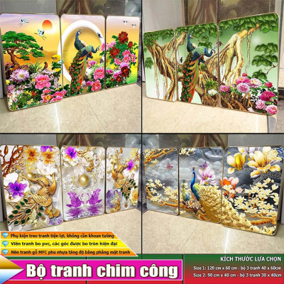 Bộ tranh treo tường 3 tấm trang trí phòng khách, phòng ngủ phong cách mỹ thuật hiện đại chất liệu cán pvc gương:4419L15S