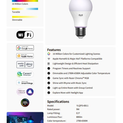 Bóng đèn Led thông minh Yeelight Bulb W4 Lite 9W - RGB 16 triệu màu - Hỗ trợ Apple Homekit, Razer Chroma