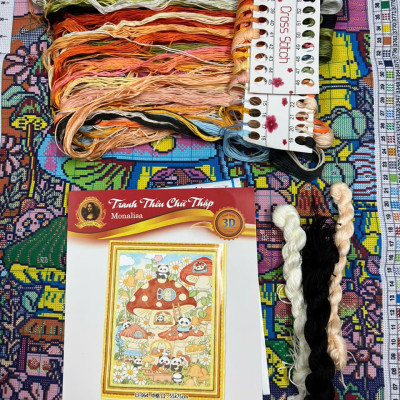 Tranh thêu kín Gấu trúc dễ thương LJ064, kích thước 55x75 cm, 11ct thêu kín 3 sợi