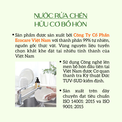 Nước rửa chén hữu cơ Bồ hòn Ecocare tinh dầu Chanh Gừng 2000ml 