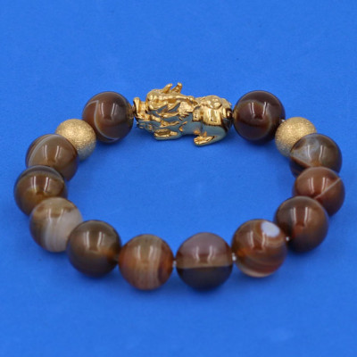 Vòng chuỗi đeo tay Mã Não Nâu 12 ly - cẩn Tỳ Hưu Phong Thủy inox vàng VMNNTHHBV12 - hợp mệnh Kim, mệnh Thổ