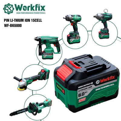 Pin Máy Khoan 15 Cell Workfix, 21 Volt - 6 Ah,Chân Pin thông dụng, Mạch 4 mosfet dòng xả cao, Vỏ Pin chống cháy, chống va đập - dùng cho máy khoan pin , mài pin, siết bulong pin, rửa xe pin, cắt cỏ pin..vv
