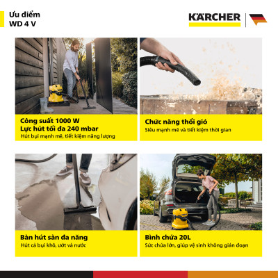[Mới 2025] Máy hút bụi đa năng khô và ướt WD4V dành cho Karcher - Công suất 1000W - Bảo hành chính hãng 12 tháng - Hàng Chính Hãng