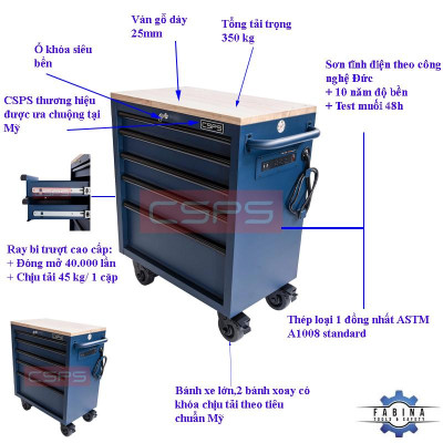 Tủ dụng cụ CSPS 76cm - 05 hộc kéo không nâng hạ màu xanh