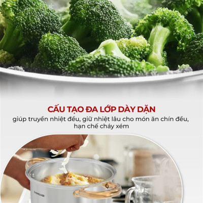 Bộ nồi inox Impact Sunhouse Healthy SHG781E -Gồm 3 nồi 16-20-24cm - Đáy phẳng hoàn hảo - Hiệu suất bắt từ 98%