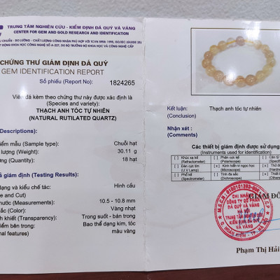 Vòng tay phong thủy thạch anh tóc vàng 12 ly, vòng tay chuỗi hạt đá