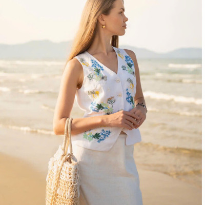 Áo Vest Linen Thêu Tay Mơ Top238 thời trang thiết kế Hity