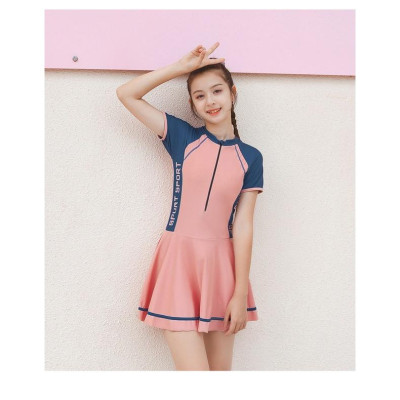 Đồ bơi bé gái 5-18 tuổi liền thân kiểu chân váy hồng phối xanh, Bộ bơi cho bé cao cấp vải co giãn cực tốt
