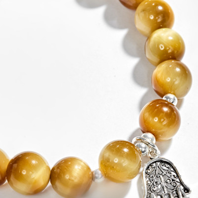 Vòng Tay Đá Mắt Hổ Vàng Tươi Phối Bàn Tay Hamsa Bạc