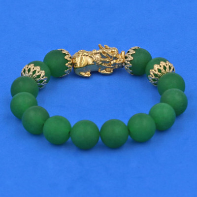 Chuỗi đeo tay Thạch Anh Xanh Lá mờ 12 ly - cẩn Tỳ Hưu Phong Thủy inox vàng VTAXLMTHBKV12