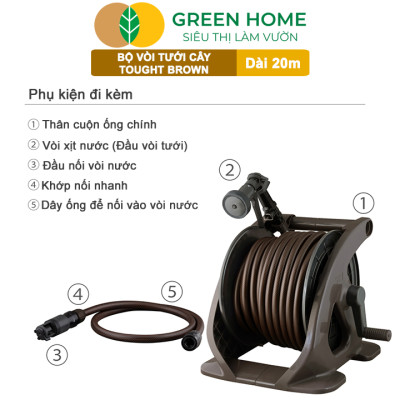 Bộ vòi tưới cây Takagi Tough Brown GreenHome, Dài 20m, Nhỏ Gọn, Bền Bỉ, Vòi Phun Đa Năng, Chuẩn Nhật Bản