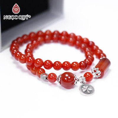 Vòng 2 line đá mã não đỏ phối charm bạc size hạt 6mm mệnh hỏa thổ - Ngọc Qúy Gemstones