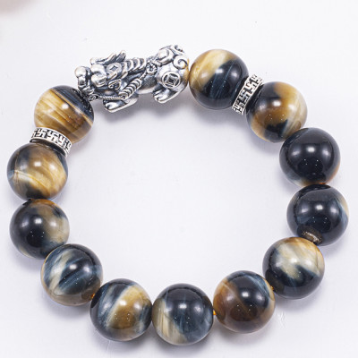 Vòng Tay Phong Thủy Nam Đá Mắt Chim Ưng Phối Charm Tỳ Hưu Bạc (14mm) Mệnh Thủy, Mộc Ngọc Quý Gemstones