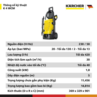 [Sản xuất Châu Âu] Máy phun rửa áp lực cao Karcher K 4 WCM - Động cơ từ - Công suất 1800W - Bảo hành 24 tháng - Hàng Chính Hãng