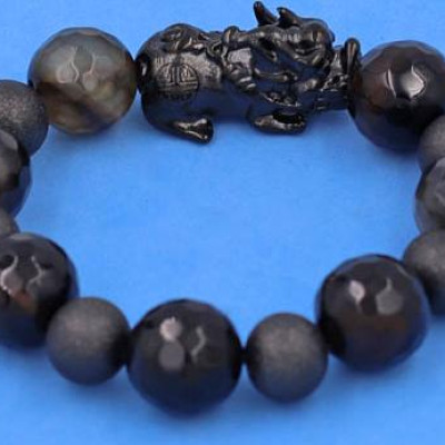 Vòng tay Tỳ Hưu inox Charm Thạch Anh Đen Nâu Cắt Gíac 16 ly phối 6 bi - hợp mệnh Mộc, mệnh Thủy - Vòng size XXL