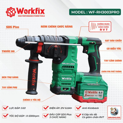 [Tặng Quạt Workfix 8 Inch + 1 Bộ Mũi Khoan Đục Bê Tông] Máy Khoan Đục Bê Tông 3 Chức Năng Dùng Pin 21V Workfix - WF-RH3003PRO - Có Anti-kickback, Giảm Rung RVT - 6 Tốc Độ - Chân Pin Phổ thông 2 Pin 21V/6Ah - Động Cơ Từ Lõi Đồng