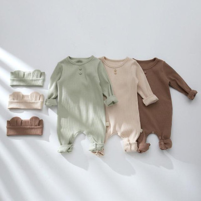 Bodysuit dài tay cotton trơn màu cho bé trai tặng kèm turban gấu xinh xắn, phong cách Hàn Quốc size 0 - 24 tháng