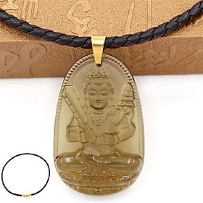 Dây chuyền mặt Hư Không Tạng Bồ Tát thạch anh khói 5cm + dây da - phật bản mệnh tuổi Sửu, tuổi Dần