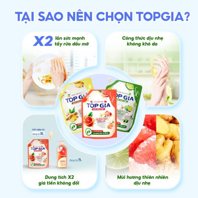 nước rửa chén TOPGIA thiên nhiên,túi 2L an toàn và hiệu quả cho cả gia đình.