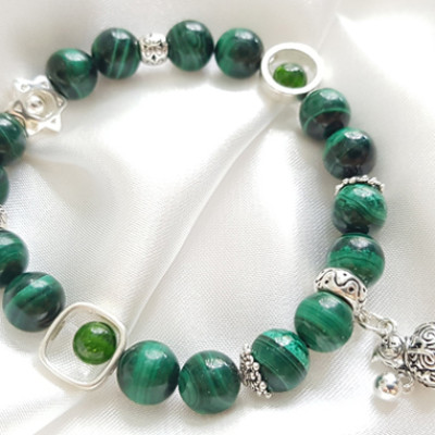 Vòng Tay Laliz Mệnh Mộc, Hỏa Đá Khổng Tước 8ly Cham Bạc Hồ Lô - TAR.17