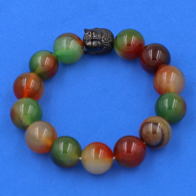 Vòng đeo tay Thạch Anh Xanh Nâu 14 ly cẩn hạt Phật A Di Đà inox đen VTAXNNLE14