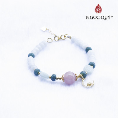 Vòng cẩm thạch phỉ thúy phối thạch anh hồng charm bạc mạ vàng - Ngọc Quý Gemstones