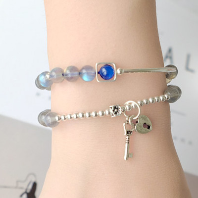 Vòng 2 line đá xà cừ ánh xanh phối charm khóa mệnh thủy, kim - Ngọc Quý Gemstones