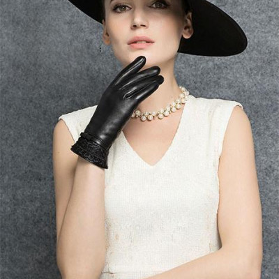 Găng tay nữ da cừu phối ren nữ tính - BHY8700 Bao tay da mùa đông, lót lông mềm, tích hợp cảm ứng.