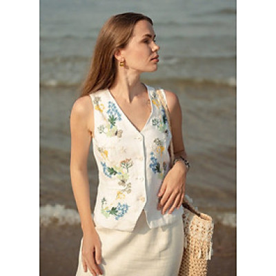 Áo Vest Linen Thêu Tay Mơ Top238 thời trang thiết kế Hity