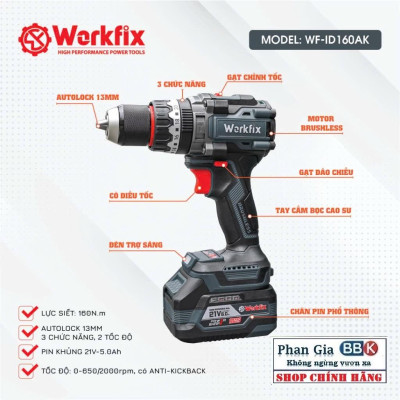 Máy khoan pin 13mm Workfix WF-ID160AK lực siết 160Nm, Không Chổi Than, Chống lật cổ tay-Bảo hành chính hãƞg.