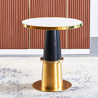 Bàn cafe tròn mặt đá vân chân sắt có đế inox mạ màu vàng 