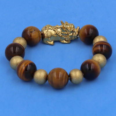 Vòng tay Tỳ Hưu inox mix Đá Mắt Hổ Vàng Đen size 16 ly phối 6 bi - hợp mệnh Thổ, mệnh Kim - Vòng size XXL