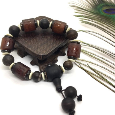 VÒNG TAY THIÊN CHÂU DZI VÀ ĐÁ ĐEN PHONG THUỶ KHẮC CHỮ OM MANI PADME HUM TÂY TẠNG 