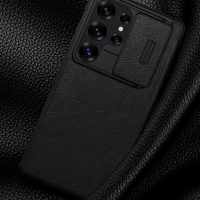 Bao da chống sốc ngăn đựng thẻ card cho Samsung Galaxy S25 Ultra , S25 Plus , S25 hiệu Nillkin Qin Pro - Da PU cao cấp, Viền TPU, sang trong, nắp trượt bảo vệ camera - Hàng nhập khẩu