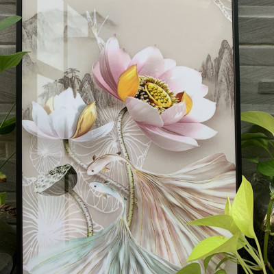 Tranh treo tường phòng khách - khách sạn - nhà hàng  bóng kiếng pha le hoa sen hồng THD98