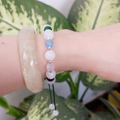 Vòng tay Nữ phong thủy đá mã não trắng mix đá đa sắc kết dây thủ công dễ thương