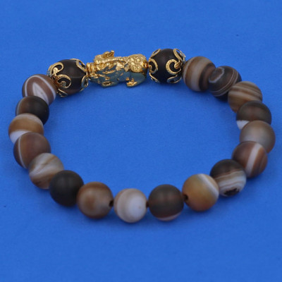 Vòng chuỗi đeo tay Mã Não Nâu Sọc Mờ 8 ly - cẩn Tỳ Hưu Phong Thủy inox vàng VMNNSMTHHKV8 - hợp mệnh Kim, mệnh Thổ