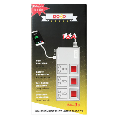Ổ Cắm Dài 3 Lỗ Kèm Cổng USB Dobo Electric Korea (16A - 3m) - Trắng