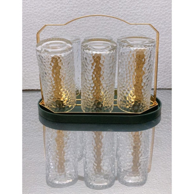 Combo 6 cốc ống  thủy tinh uống nước chịu nhiệt cao cấp vân sần kèm giá úp cốc có khay hứng nước ngọng vàng