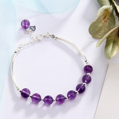 Vòng tay đá thạch anh tím phối charm ống bạc mệnh hỏa, thổ - Ngọc Quý Gemstones