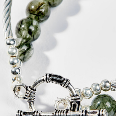 Vòng Tay Phong Thủy 2 Lines Nữ Đá Thạch Anh Tóc Xanh Phối Charm Hoa (5mm) Mệnh Mộc, Hỏa Ngọc Quý Gemstones