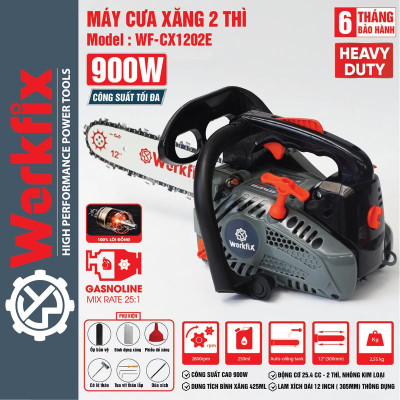 Máy Cưa Xích chạy Xăng 12 Inch Workfix - Máy cưa cụt mini - WF-CX1202E - Công Suất 900W - Động Cơ 2 Thì 25.4cc - Sử Dụng Xăng Pha Nhớt